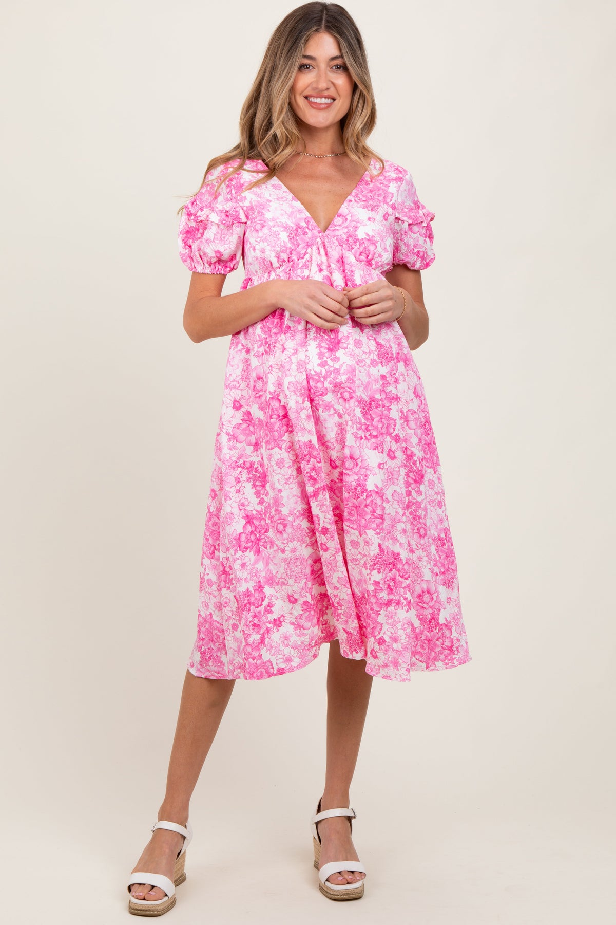 Pink Floral Woven Short Sleeve Maternity Mini Dress