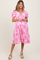 Pink Floral Woven Short Sleeve Maternity Mini Dress