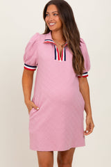 Pink Jacquard Zipper Collar Maternity Mini Dress