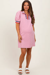 Pink Jacquard Zipper Collar Maternity Mini Dress