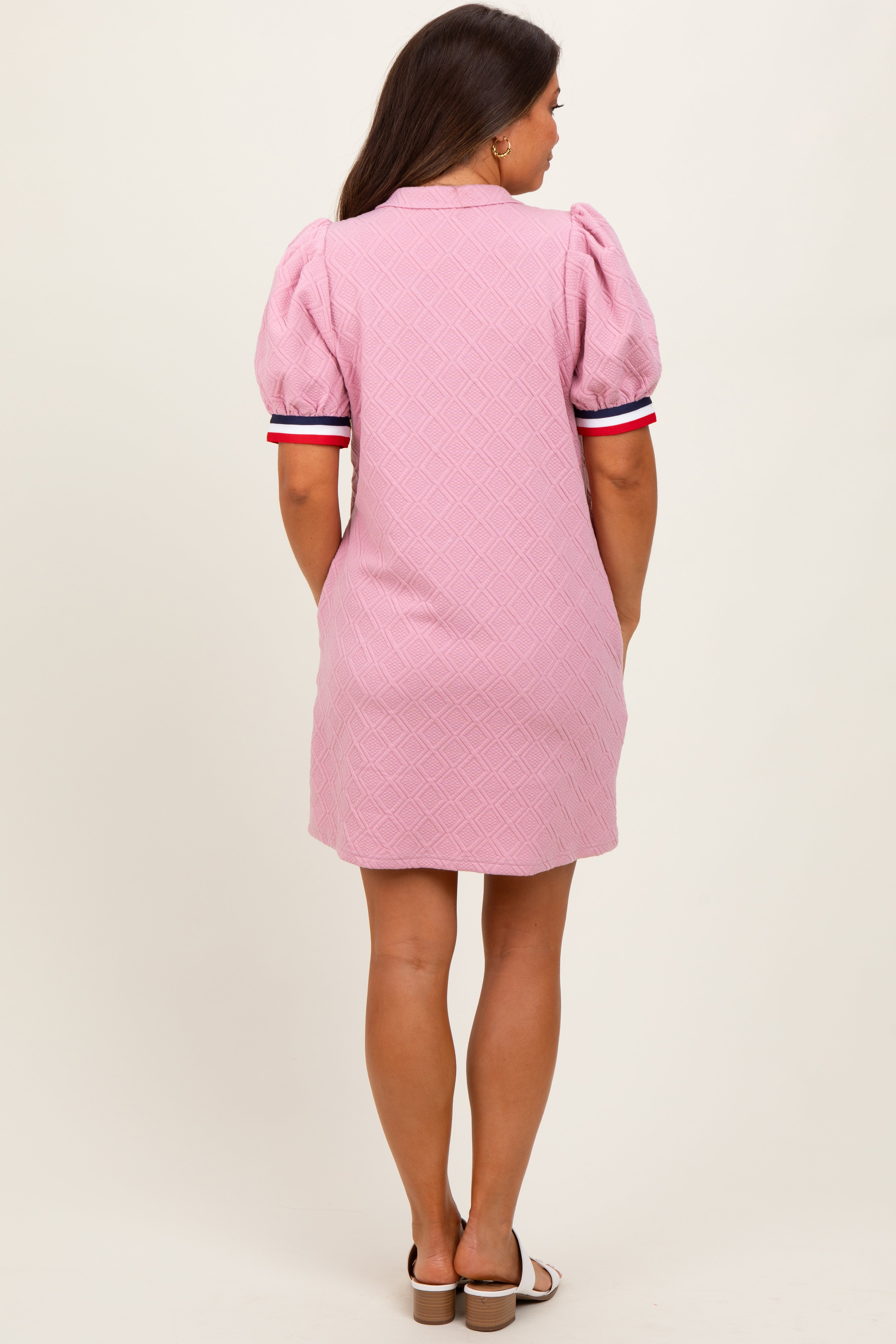 Pink Jacquard Zipper Collar Maternity Mini Dress
