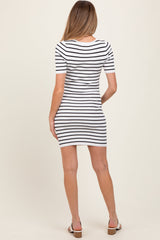 White Striped Ribbed Knit Short Sleeve Maternity Mini Dress