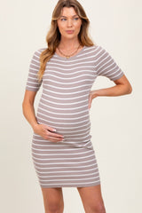 Light Taupe Striped Ribbed Knit Short Sleeve Maternity Mini Dress