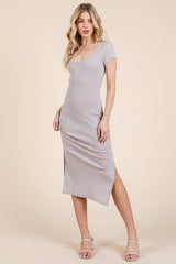Taupe Scoop Neck Short Sleeve Mineral Wash Maternity Midi Dress