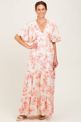 Pink Floral Satin Short Sleeve Deep V-Neck Tiered Maternity Maxi Dress