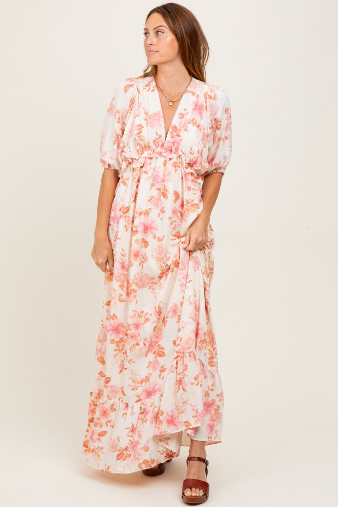 Pink Floral Printed Elbow Sleeve V-Neck Tiered Maternity Maxi Dress