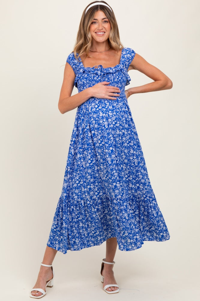 Royal Blue Floral Smocked Ruffle Detail Maternity Midi Dress
