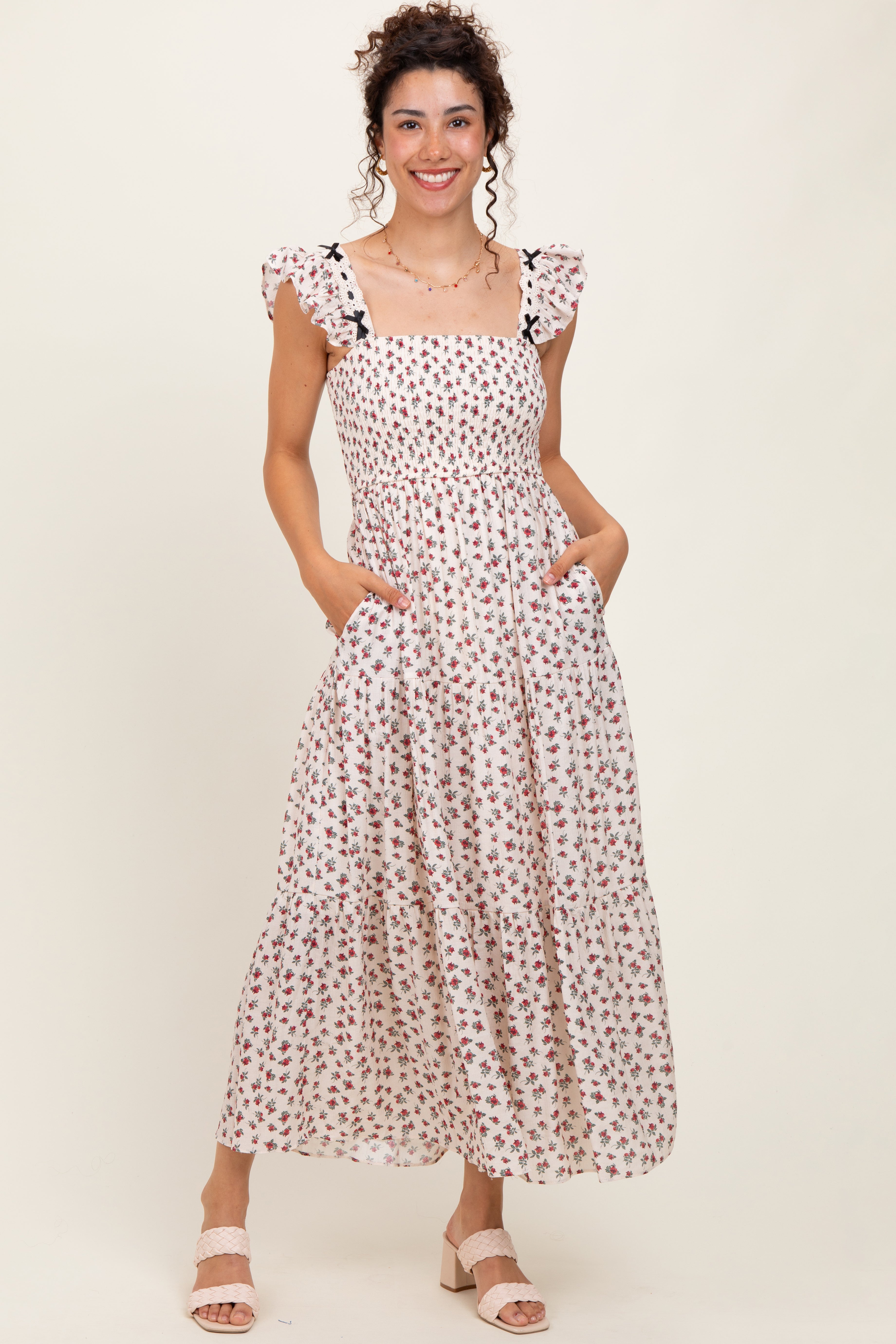 Red Floral Bow Trim Lace Detail Smocked Maternity Maxi Dress