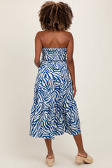 Royal Blue Animal Print Front Tie Strapless Maternity Midi Dress