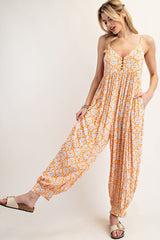 Peach Printed Button Detail Maternity Jumpsuit