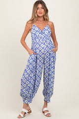 Royal Blue Printed Button Detail Maternity Jumpsuit