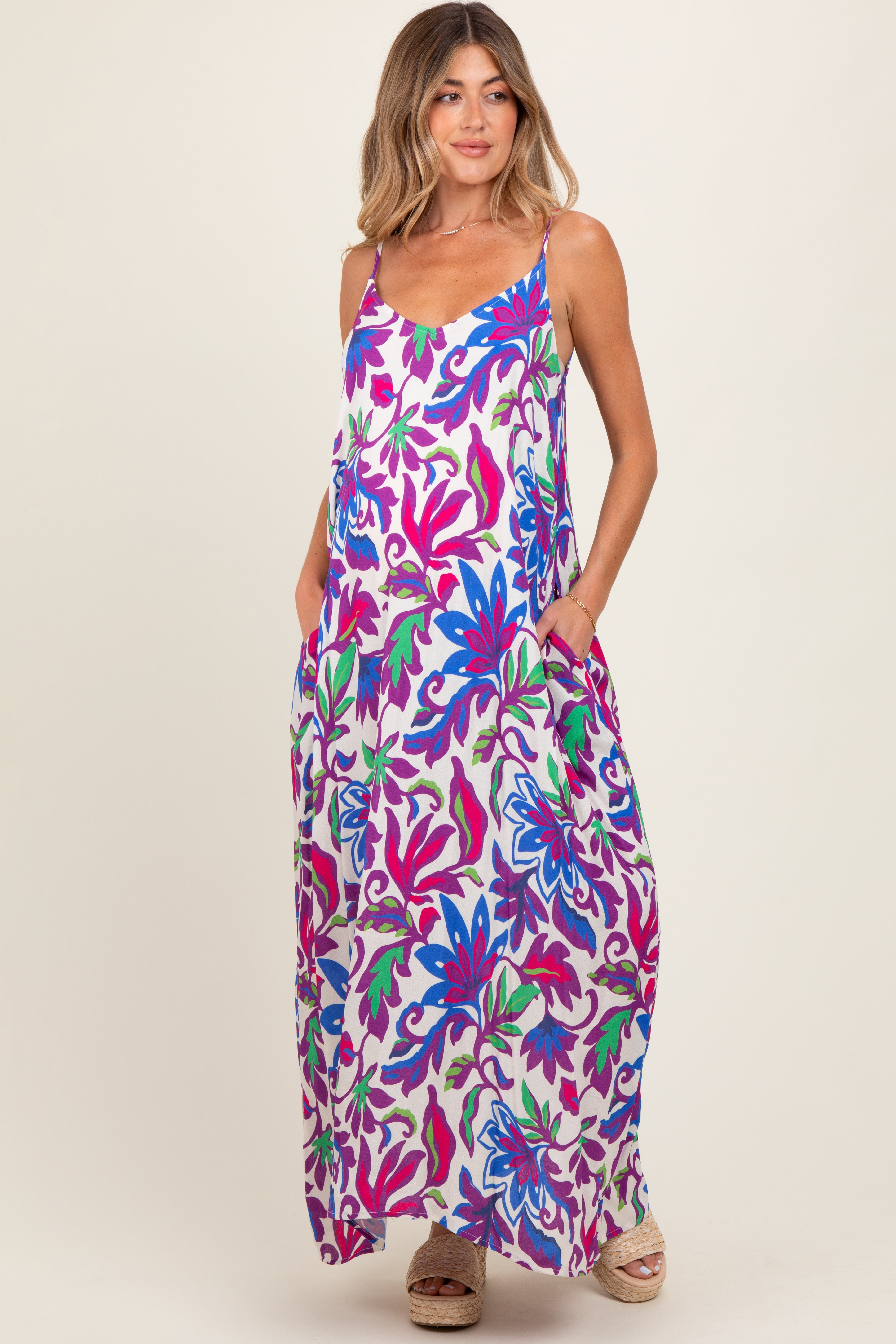 Purple Leaf Print Sleeveless Maternity Maxi Dress