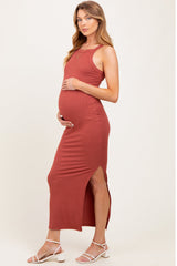 Rust Ribbed Fitted Side Slit Maternity Midi Dress