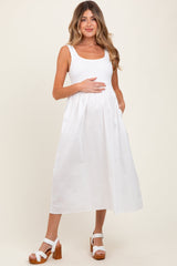 White Contrast Sleeveless Square Neck Maternity Midi Dress