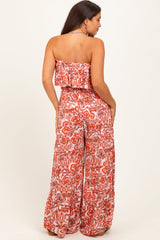 Rust Floral Strapless Ruffle Wide Leg Maternity Jumpsuit