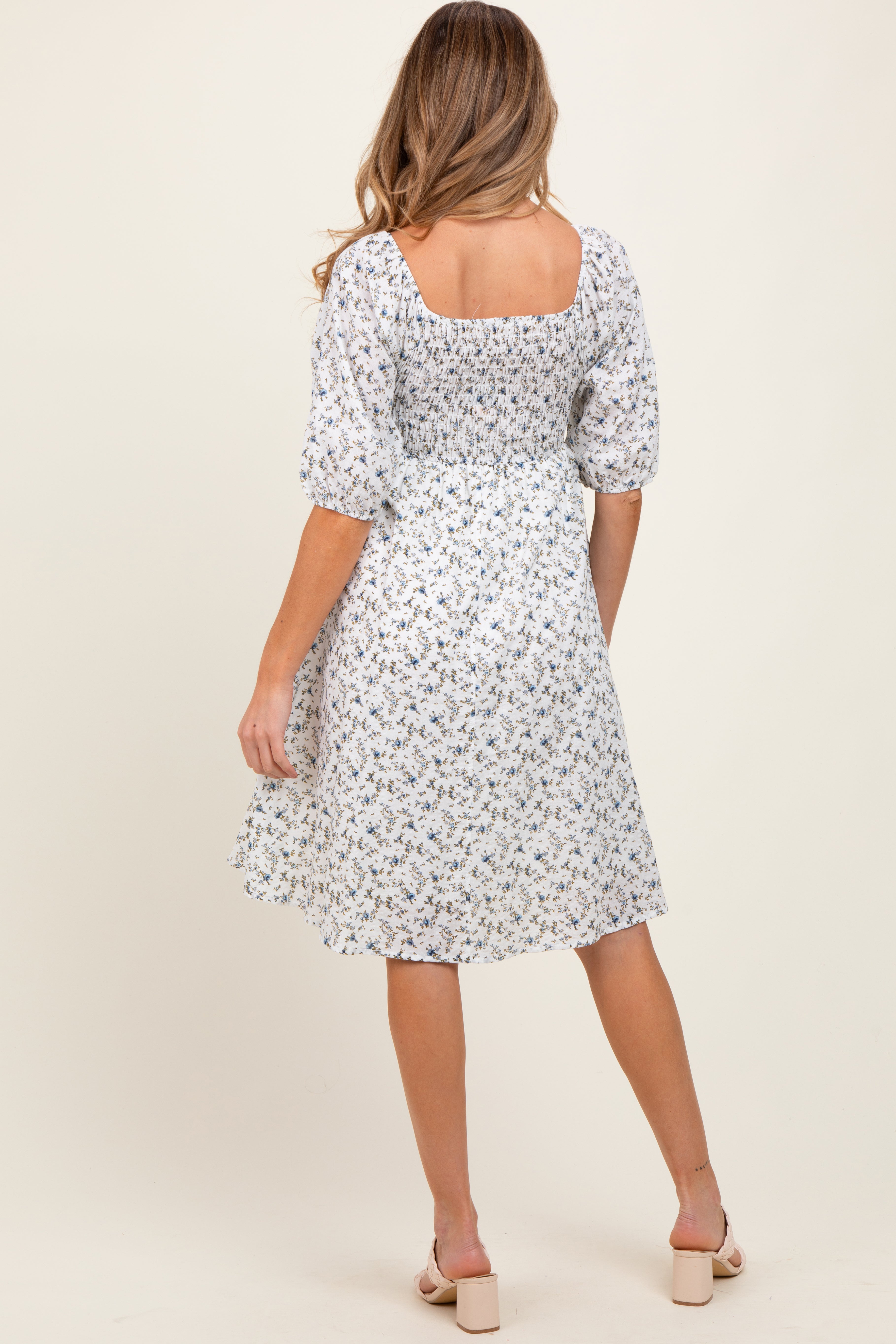 White Floral Smocked Maternity Midi Dress