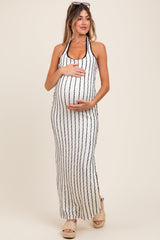 White Textured Stripe Halter Side Slit Maternity Maxi Dress
