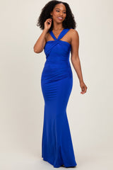 Royal Blue Twist Front Ruched Maternity Maxi Dress