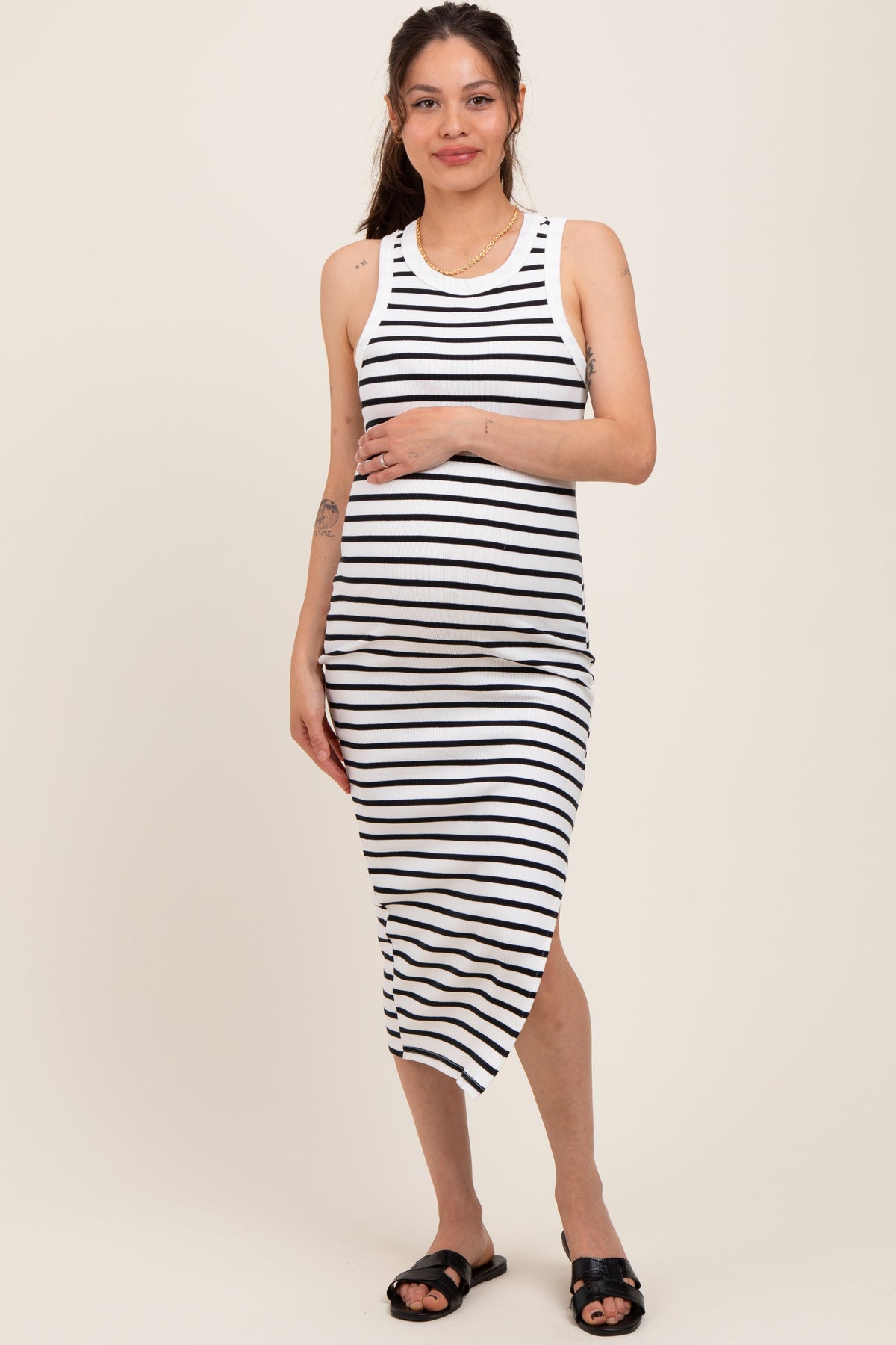 White/Black Striped Sleeveless Fitted Maternity Midi Dress