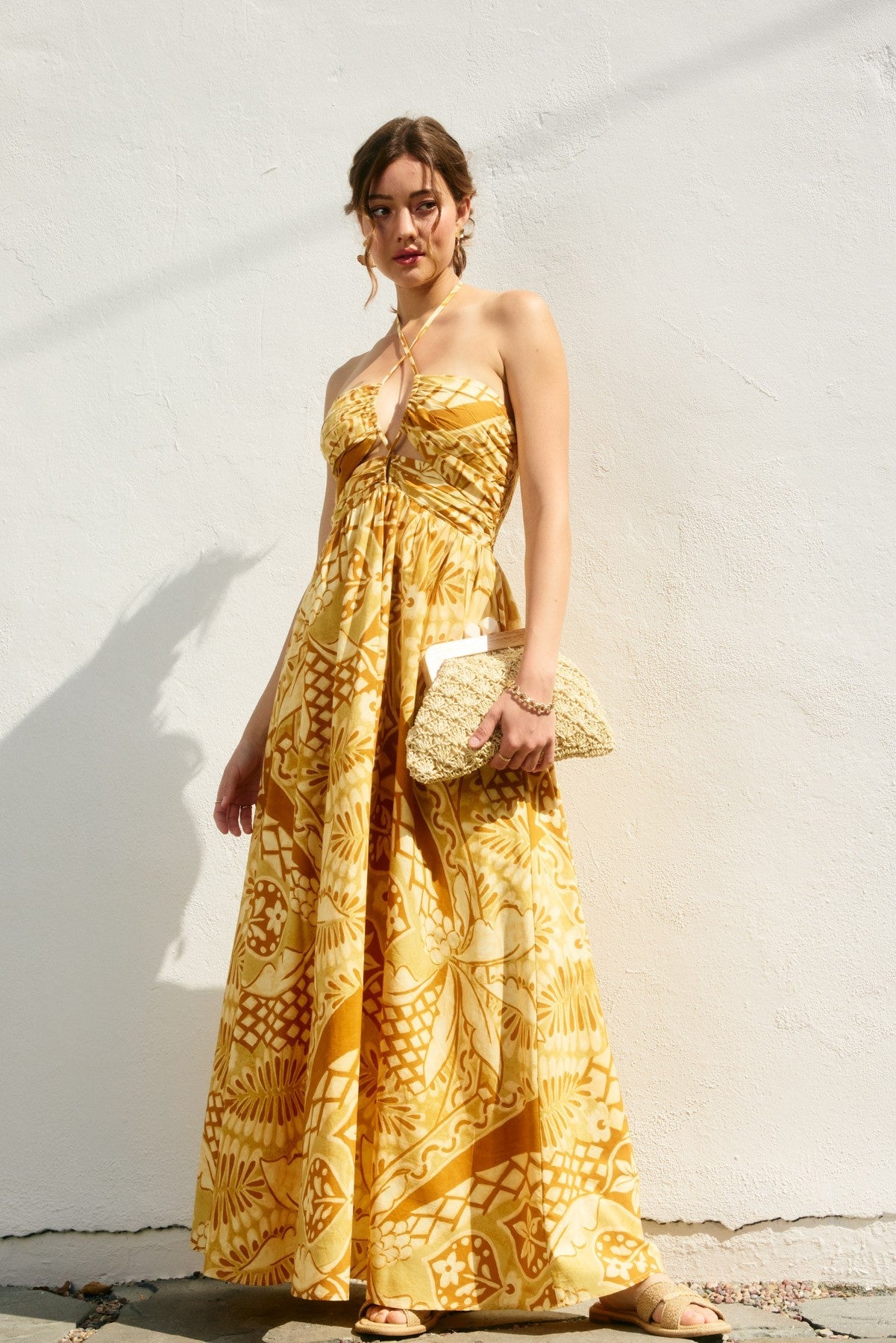 Yellow Printed Cutout Halter Maternity Maxi Dress