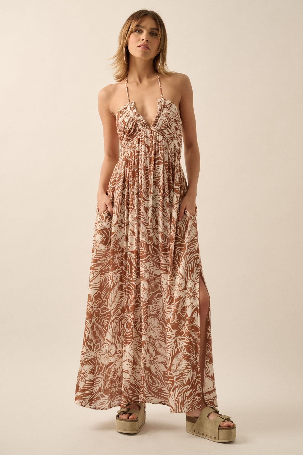 Taupe Floral Ruched V-Neck Halter Maternity Maxi Dress