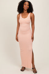 Peach Striped Side Slit Maternity Maxi Dress