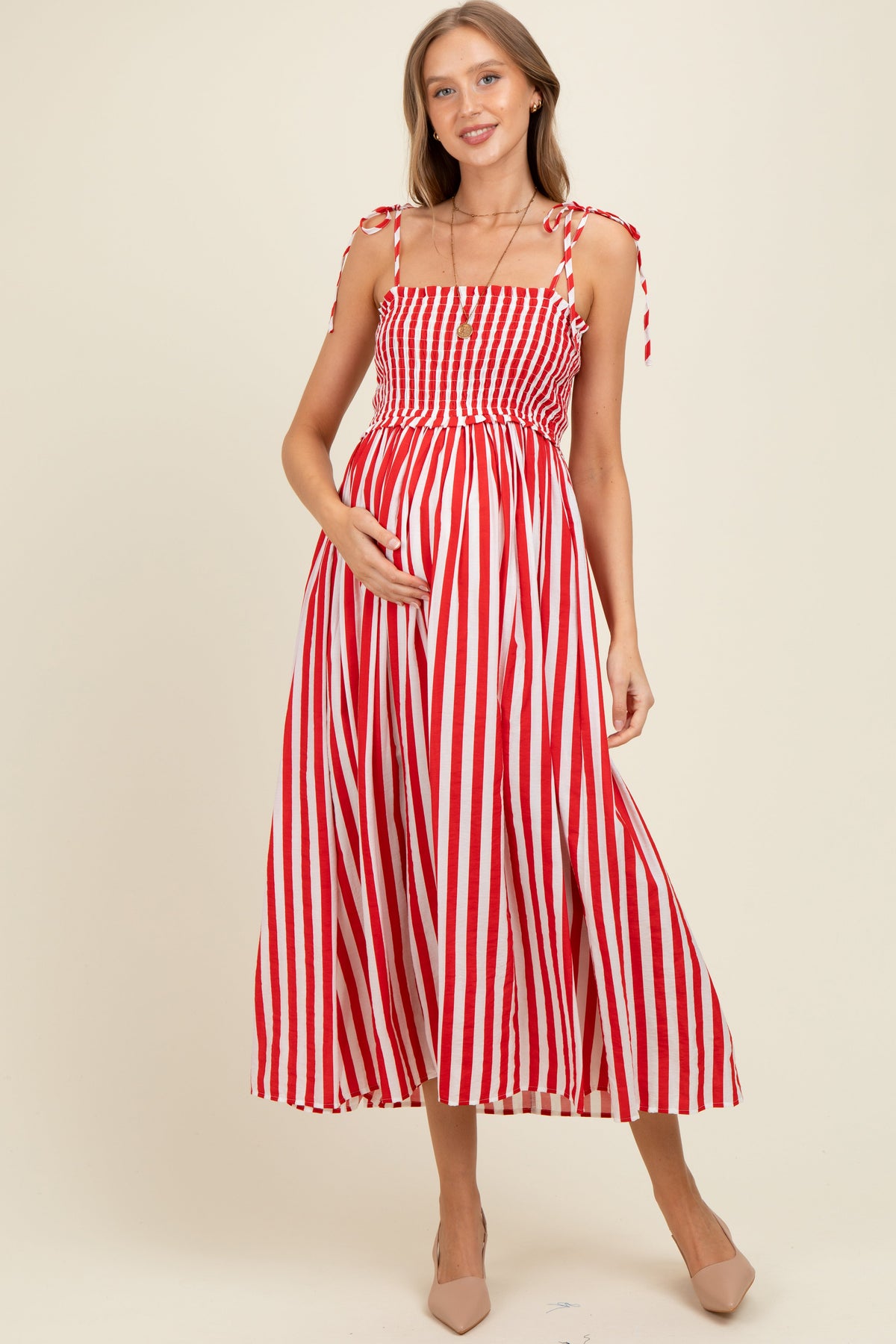 Red Striped Smocked Shoulder Tie Maternity Midi Dress