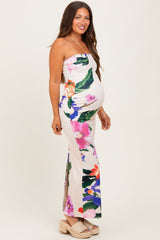 Peach Tropical Floral Strapless Maternity Maxi Dress