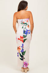 Peach Tropical Floral Strapless Maternity Maxi Dress