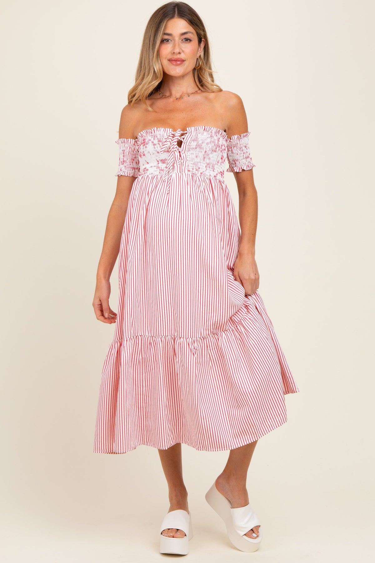 Red Striped Floral Colorblock Off Shoulder Maternity Midi Dress