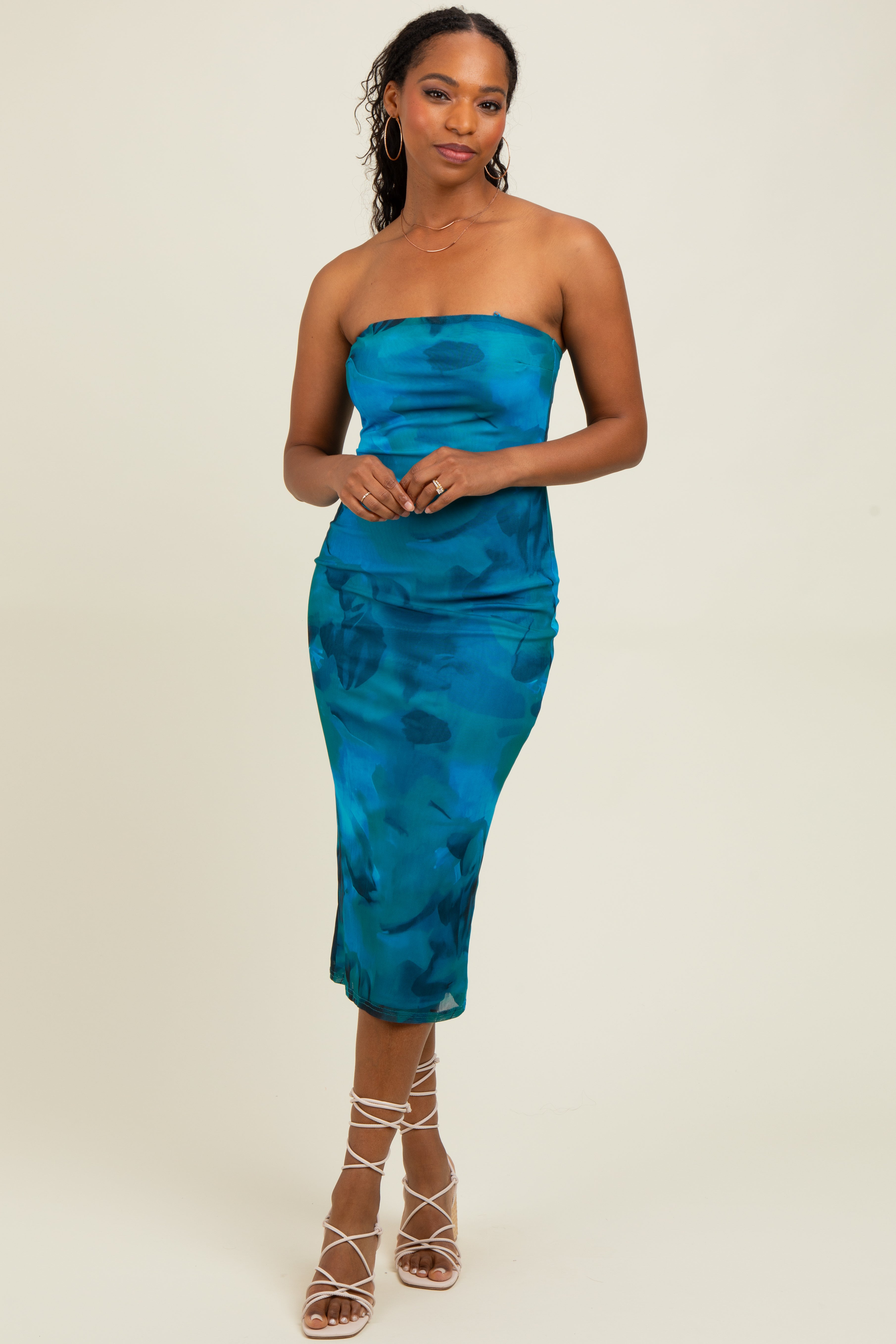 Turquoise Mesh Abstract Print Strapless Maternity Midi Dress