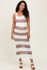 Taupe Mixed Cable Knit Colorblock Shoulder Tie Maternity Midi Dress