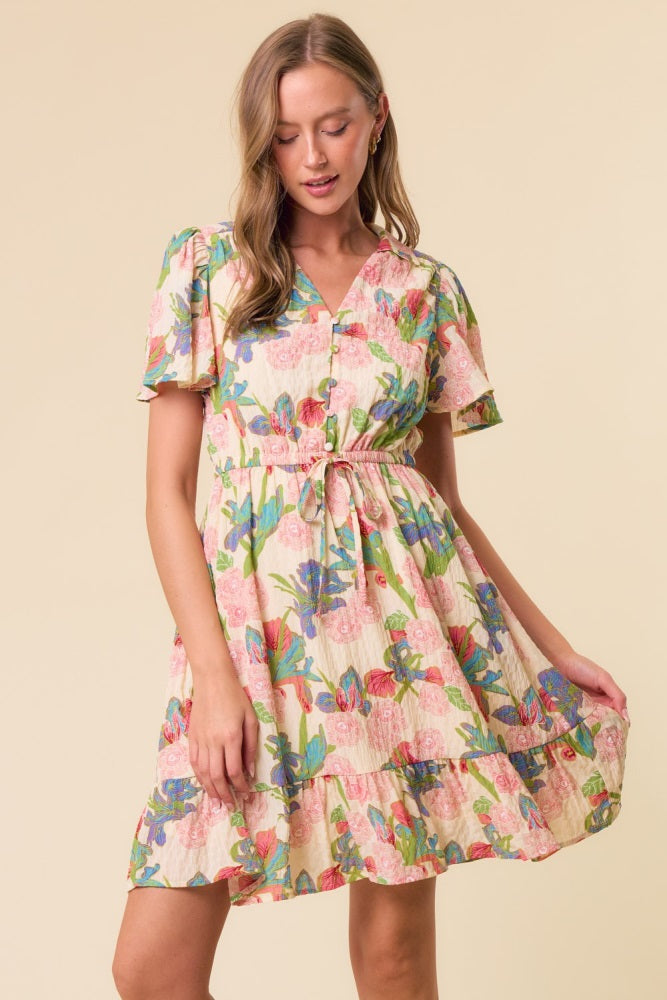 Cream V-Neck Flutter Short Sleeve Maternity Mini Dress