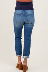 Blue High Rise Distressed Cuffed Boyfriend Maternity Jeans