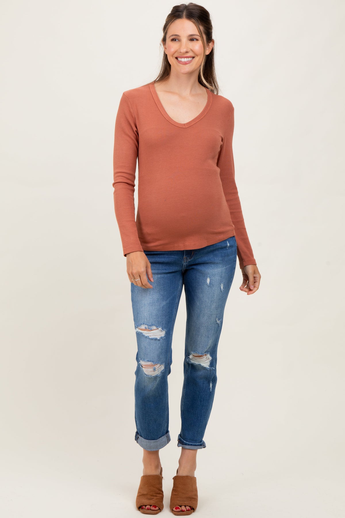 Blue High Rise Distressed Cuffed Boyfriend Maternity Jeans