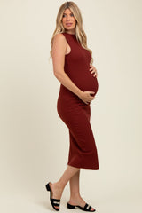 Rust Simple Mock Neck Midi Slip Maternity Dress