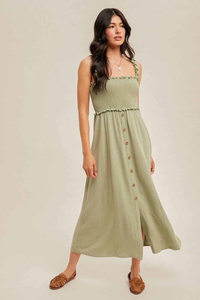 Sage Smocked Button Front Linen Blend Maternity Midi Dress