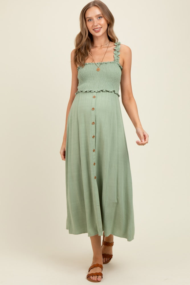 Sage Smocked Button Front Linen Blend Maternity Midi Dress