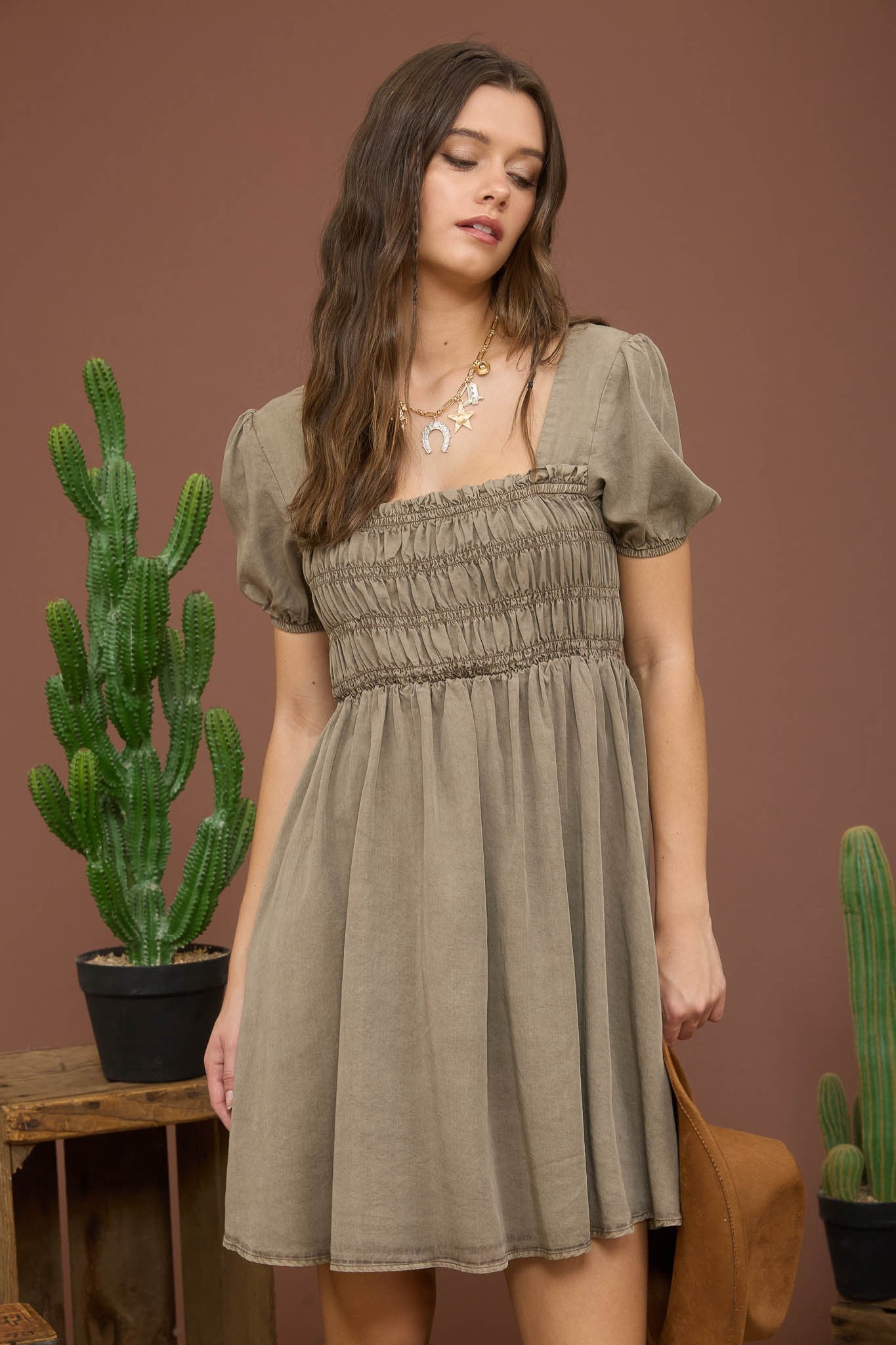 Olive Smocked Puff Sleeve Maternity Mini Dress