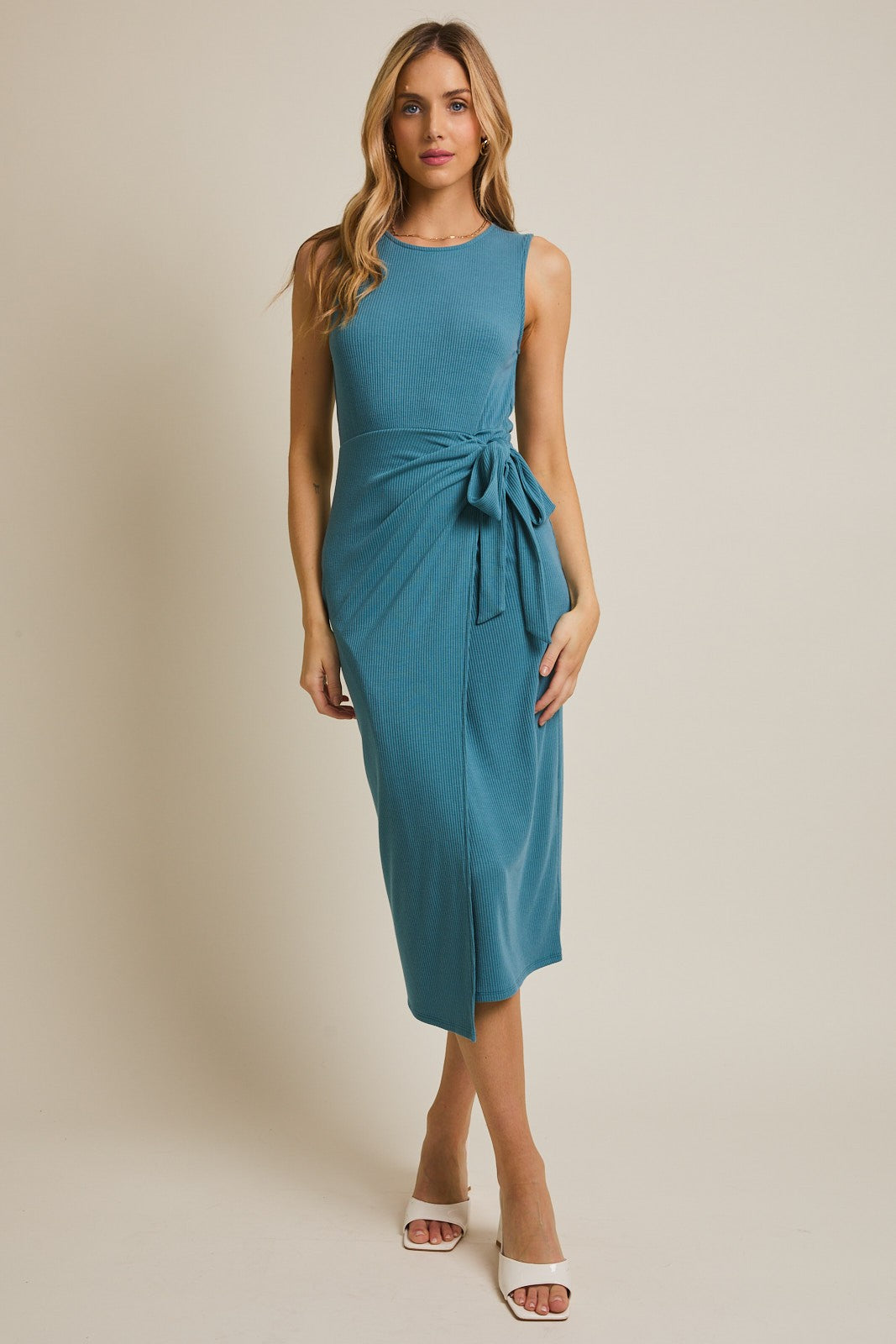 Teal Sleeveless Wrap Tie Waist Maternity Midi Dress
