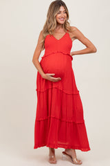 Red Swiss Dot Smocked Sleeveless Maternity Maxi Dress