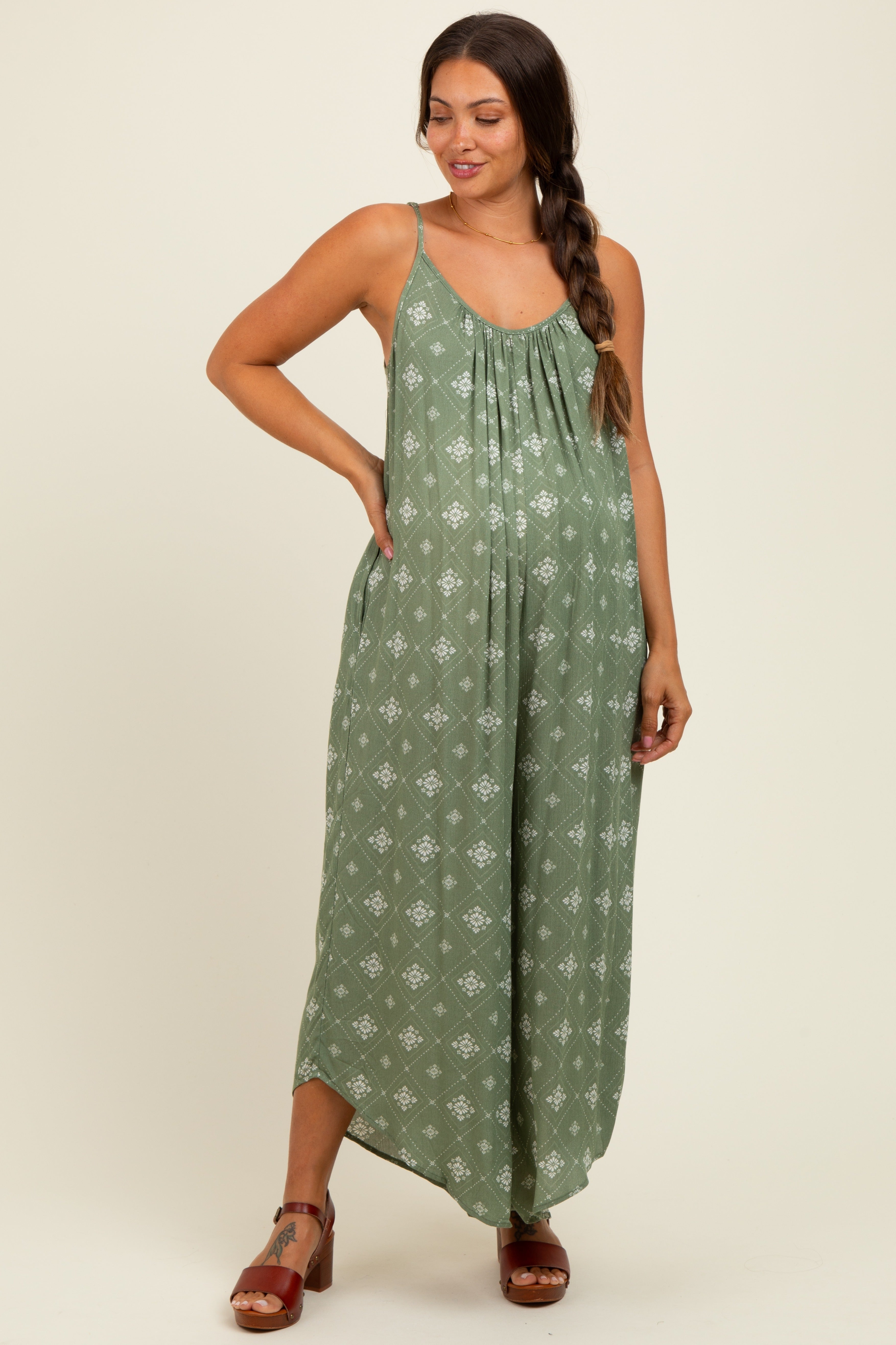 Olive Tile Mosaic Printed Cami Maternity Jumpsuit