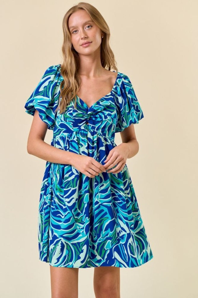 Blue Printed Twisted Front Maternity Mini Dress