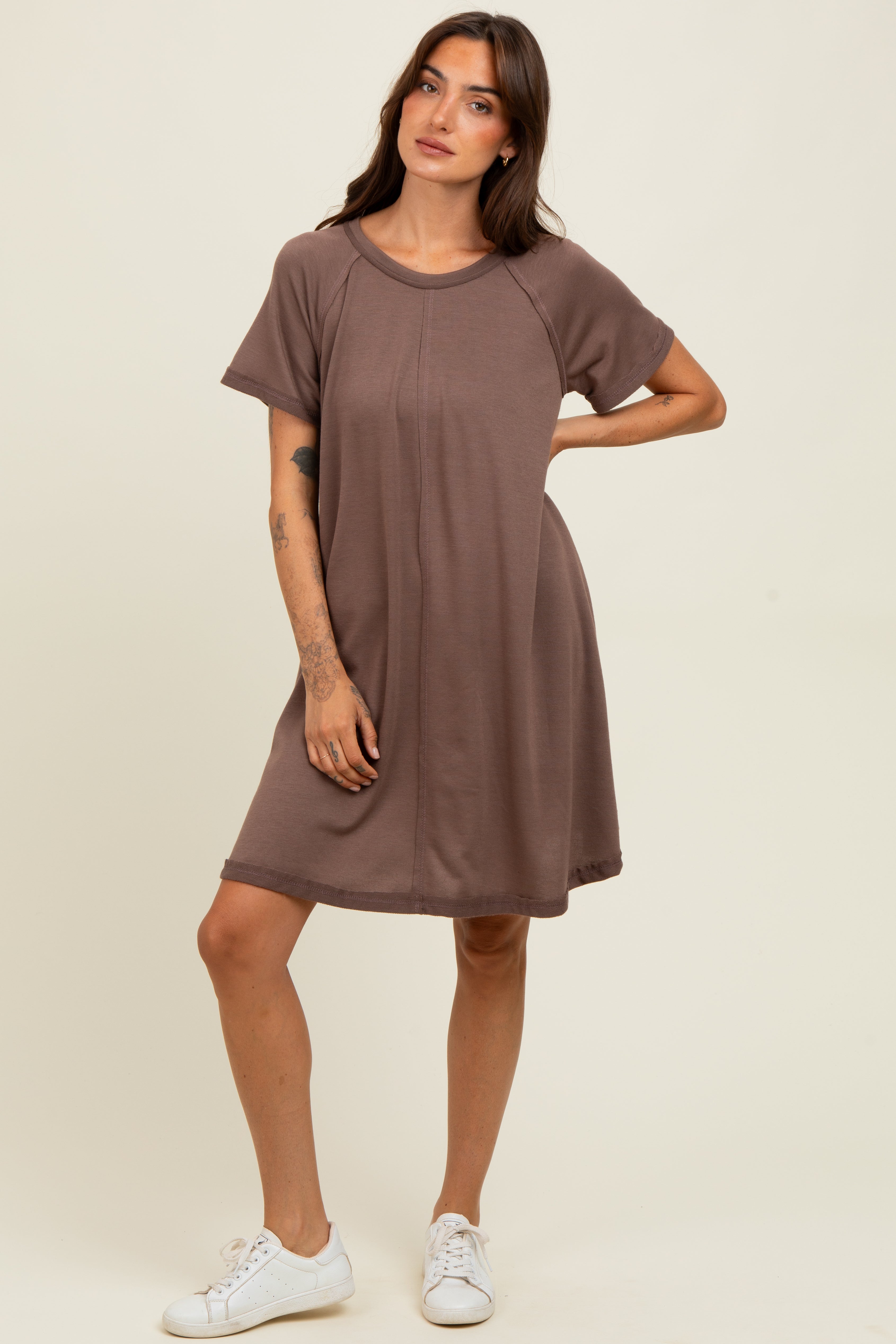 Brown Solid T-shirt Maternity Mini Dress