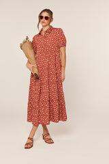 Rust Printed Button Up Tiered Maternity Midi Dress
