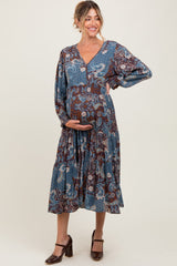 Teal Paisley Print Smocked Waist Tiered Maternity Midi Dress