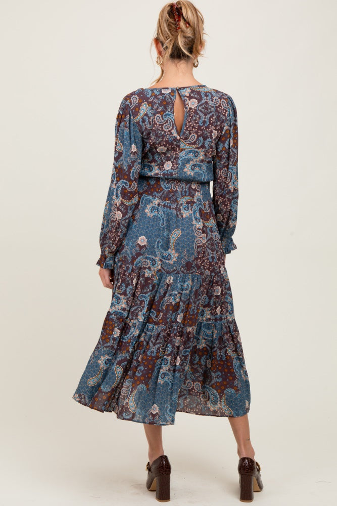 Teal Paisley Print Smocked Waist Tiered Maternity Midi Dress