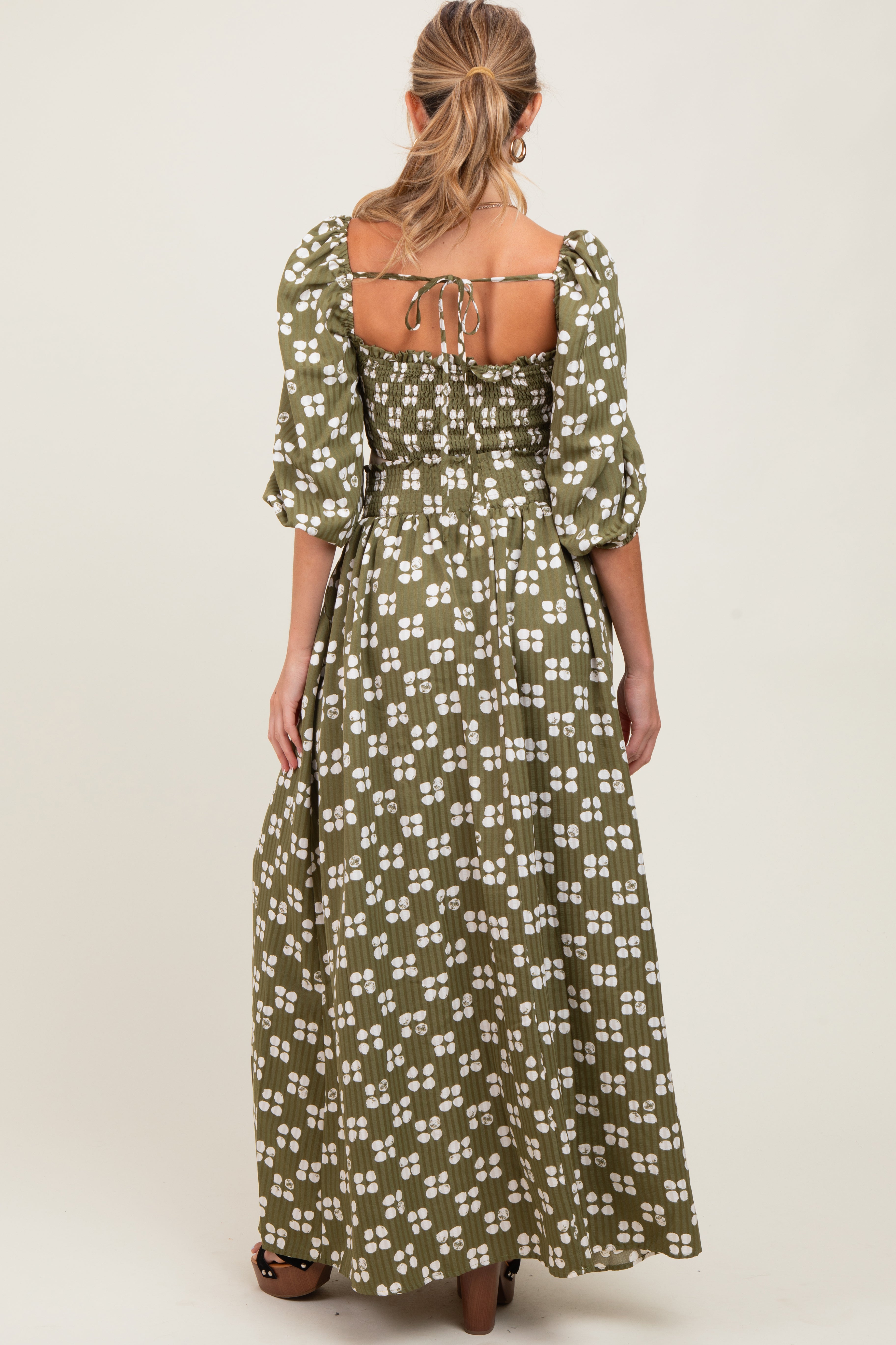 Olive Printed Smocked Crop Top Maxi Skirt Maternity Set