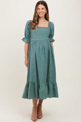 Teal Gingham Square Neck Maternity Midi Dress