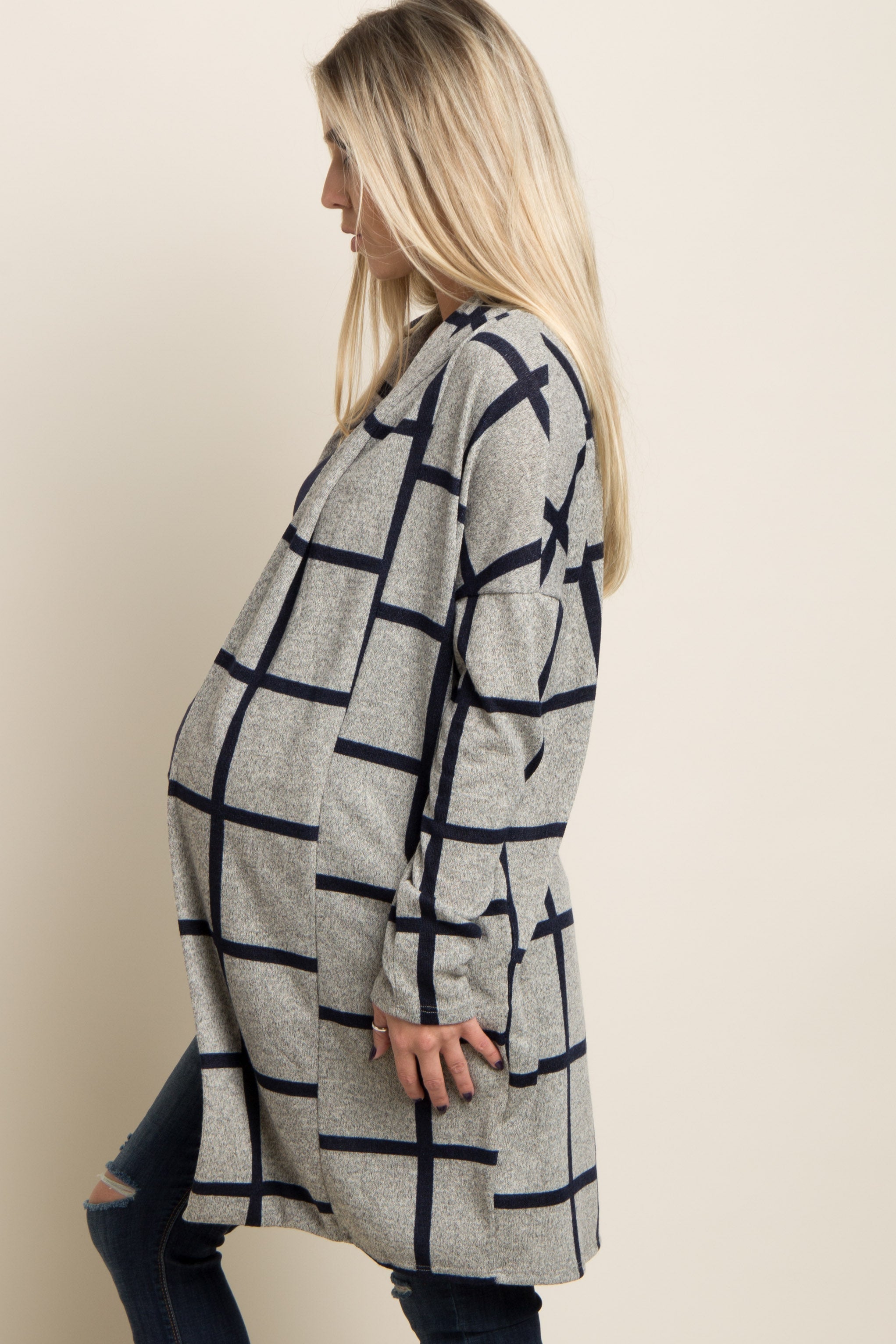 PinkBlush Grey Plaid Long Knit Maternity Cardigan